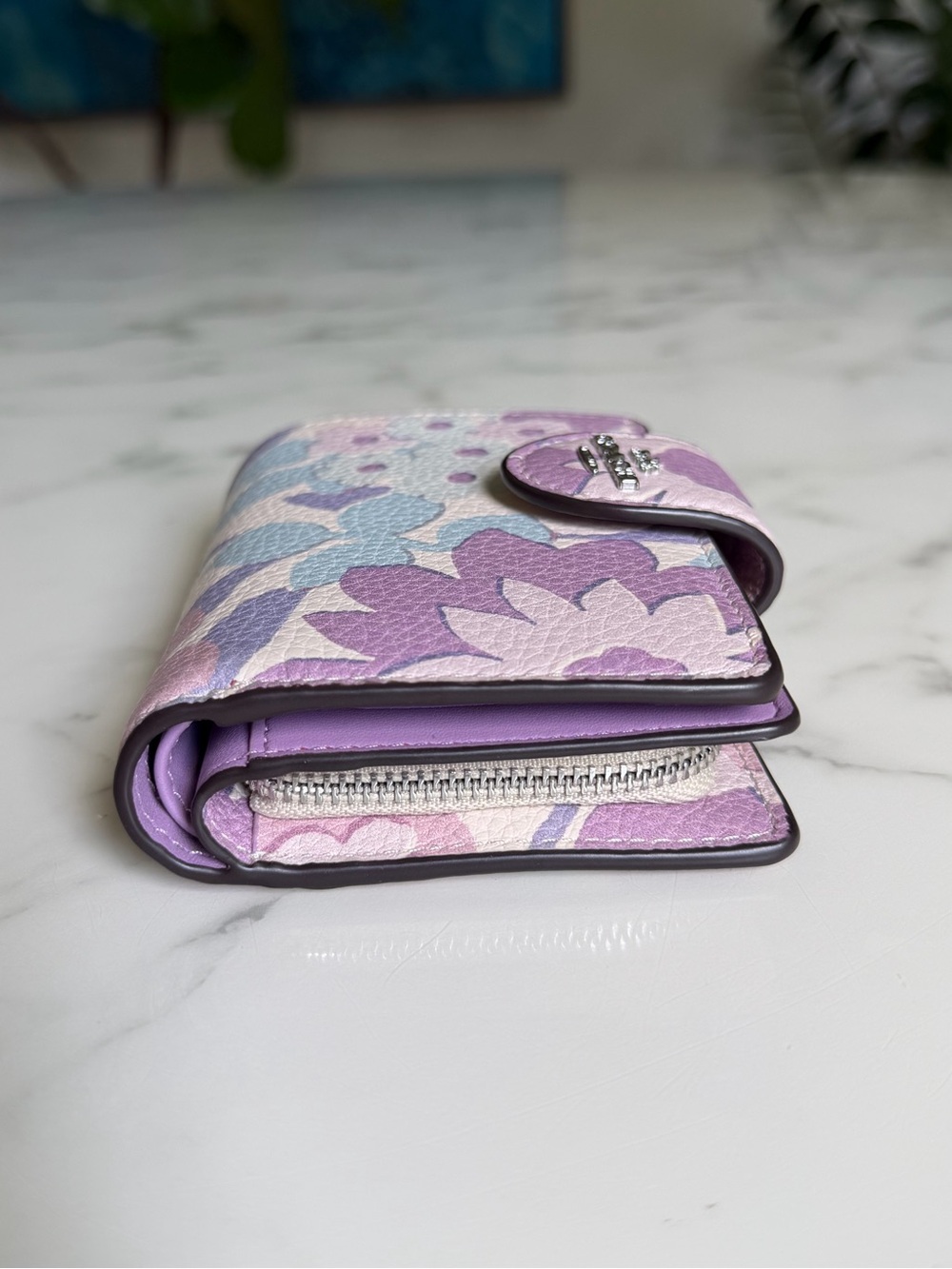 COACH Medium Corner Zip Wallet With Floral Print Ivory Purple Pink Multi CBO31 - Picture 5 of 12